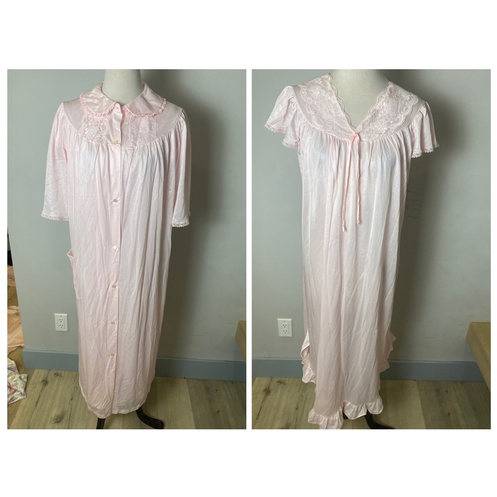 Vintage 60s Nancy King Lingerie 2 Piece Nightgown and Robe Set Pink Lace Large